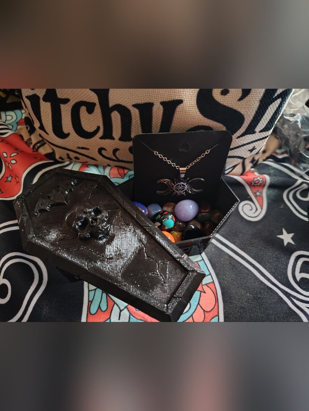 ⚰️🔮NEW Witchy Halloween Coffin, Crystals & Triple Moon Necklace Bundle🔮 ⚰️